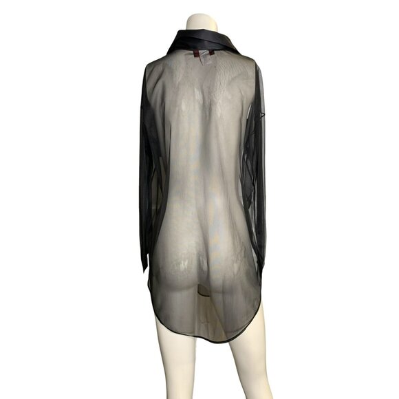 VTG Y2K Grunge Goth Nite Images Mesh Sheer Black Button-Up Shirt Satin Pockets M - Picture 2 of 6